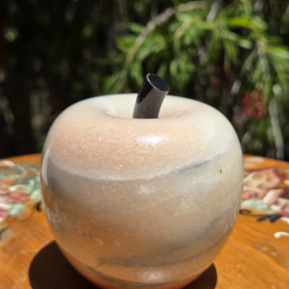Vintage Carved Alabaster Stone Marble Apple‎ Fruit Paperweight Light Ivory Pink